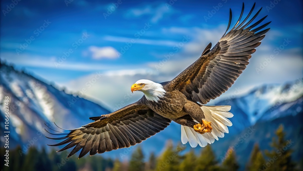 Obraz premium Majestic Bald Eagle Juvenile Soaring High Above Pristine Nature in Clear Blue Sky Capturing the Essence of Freedom and Strength