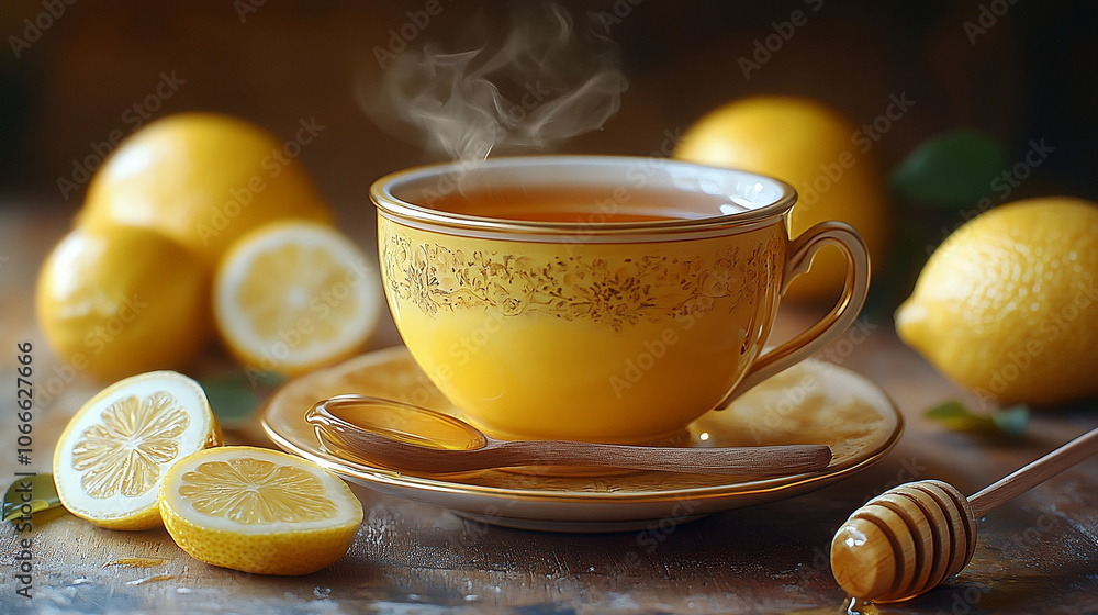 A steaming cup of lemon tea with a slice of lemon, served in a glass cup, emitting warmth and comfort in a cozy setting. A steaming cup of lemon tea with a slice of lemon, served in a glass cup, emitting warmth and comfort in a cozy setting.