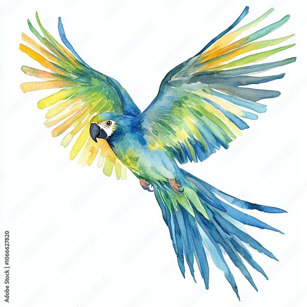 Fototapeta premium A colorful macaw flying gracefully with outstretched wings against a light background during daylight hours