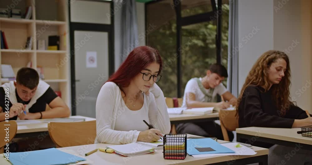 Students and professor studying after class. Concentrated students studying hard for exams. Teacher helping students study after school. Students and professor studying after class. Concentrated students studying hard for exams. Teacher helping students study after school.