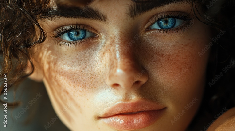 Close-up portrait of a woman with freckles on her face, ideal for use in personal or professional projects Close-up portrait of a woman with freckles on her face, ideal for use in personal or professional projects