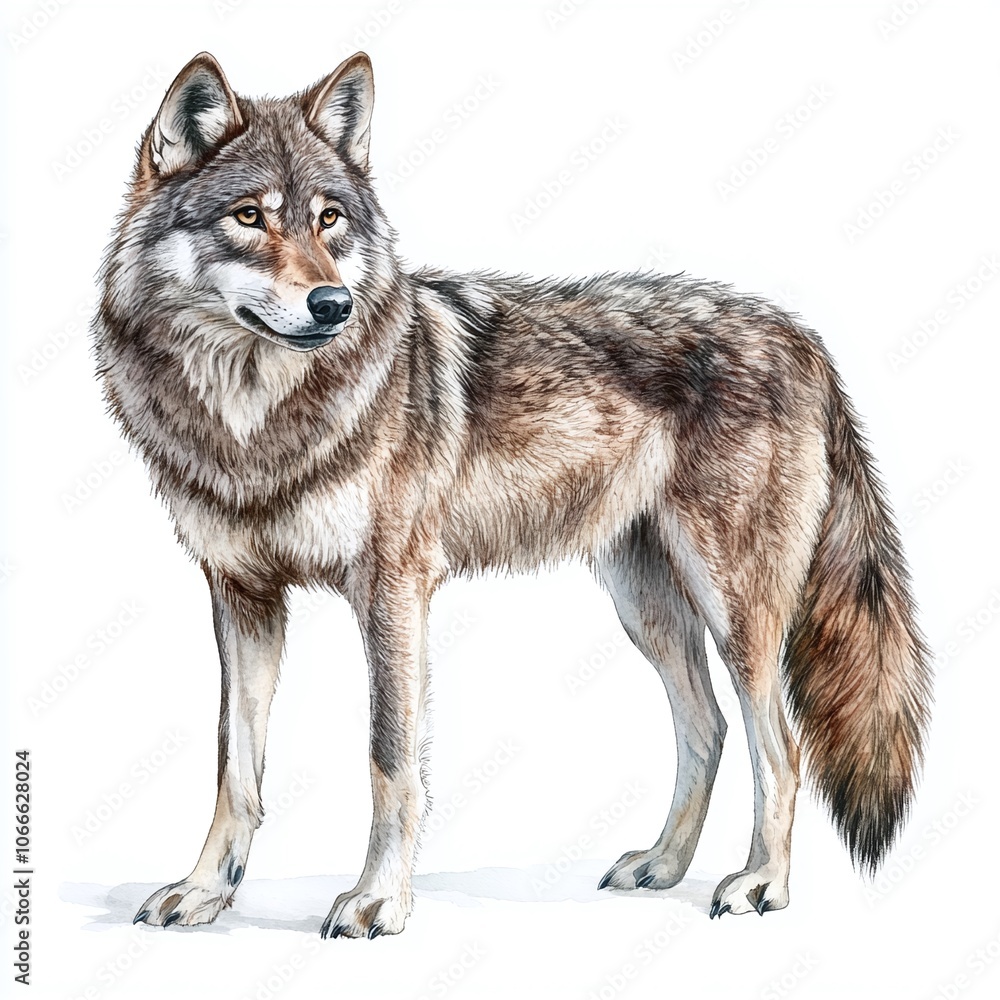 Realistic illustration of a gray wolf standing proudly in a natural pose, showcasing details of its fur and features against a clean background
