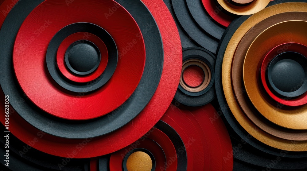 Abstract composition with gold accents highlighting red and black circular elements on a black background, for desktop or postcard. Abstract composition with gold accents highlighting red and black circular elements on a black background, for desktop or postcard.