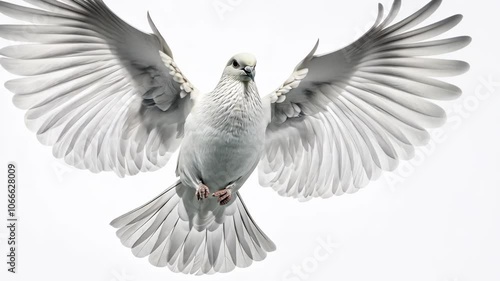 A white dove with its wings spread wide flies against a white background