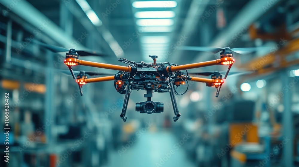 Close-up of drone flying inside a factory to inspect and check the working status of machinery in an industrial plant Close-up of drone flying inside a factory to inspect and check the working status of machinery in an industrial plant