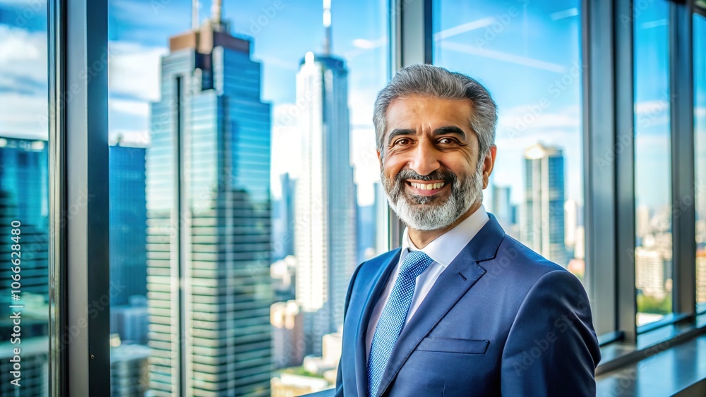 Fototapeta premium Middle Eastern businessman smiles, success in his sights.