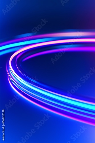 Curved blue and pink neon light trails on dark background. Technology and speed concept. Abstract background for poster, gaming and tech advertising with copy space.