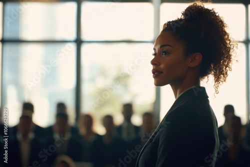 Confident woman in a suit standing at the head of a conference table