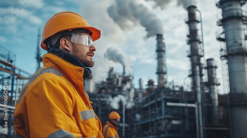 Workers in heavy industry performing tasks requiring high level of caution and protective equipment