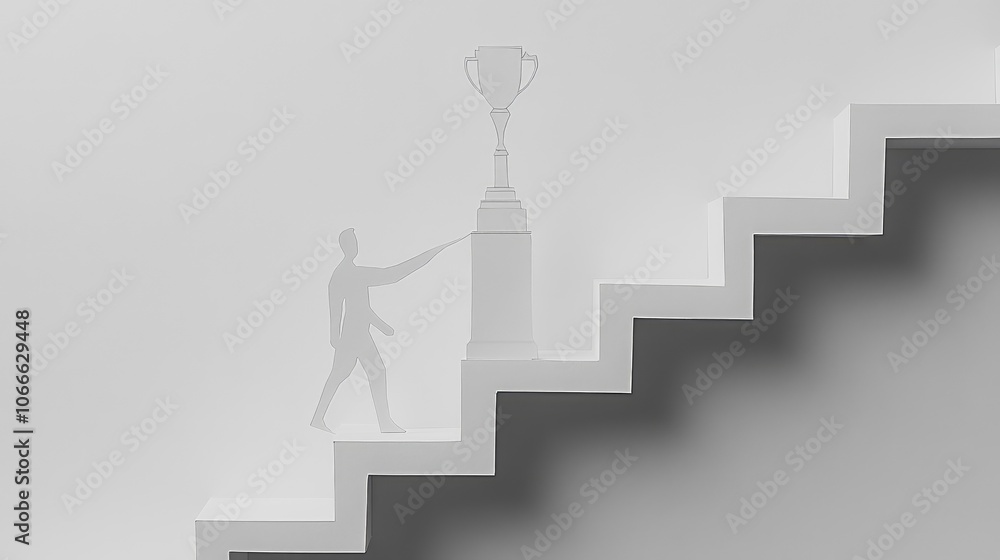 Paper cut-out character walking up stairs with a trophy waiting above, representing business triumph and growth Paper cut-out character walking up stairs with a trophy waiting above, representing business triumph and growth