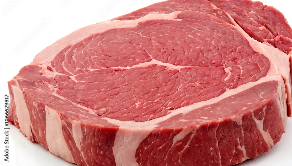 A large red meat chunk sits atop a plain white background, its texture and coloration prominent in the image, food styling, meat photography, 453 A large red meat chunk sits atop a plain white background, its texture and coloration prominent in the image, food styling, meat photography, 453