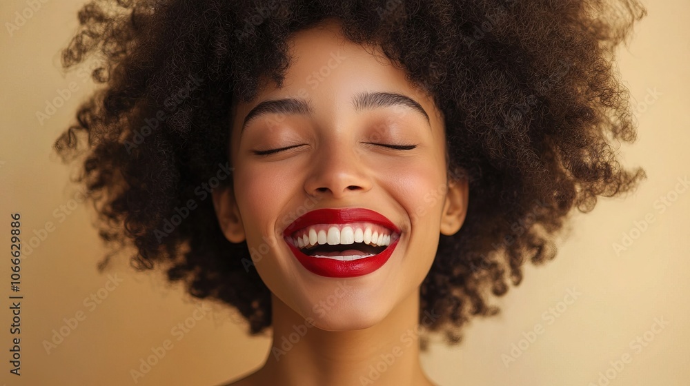 A woman with curly hair is laughing and has red lipstick on A woman with curly hair is laughing and has red lipstick on