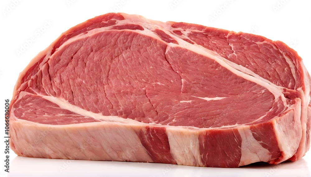 A large red meat chunk sits atop a plain white background, its texture and coloration prominent in the image, food styling, meat photography, 453 A large red meat chunk sits atop a plain white background, its texture and coloration prominent in the image, food styling, meat photography, 453