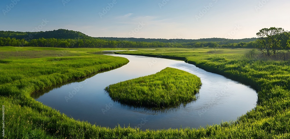 A calm river winding through a quiet meadow symbolizing peaceful coexistence and unity A calm river winding through a quiet meadow symbolizing peaceful coexistence and unity