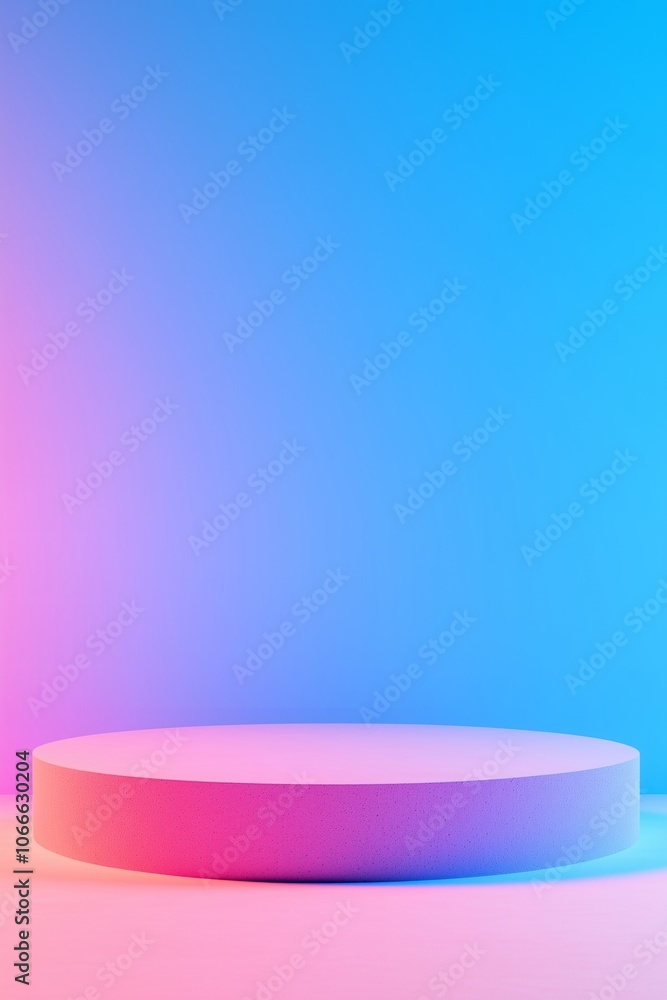Podium on gradient pink and blue background. 3D render style. Product display concept. Design for banner, poster and background with copy space. Podium on gradient pink and blue background. 3D render style. Product display concept. Design for banner, poster and background with copy space.