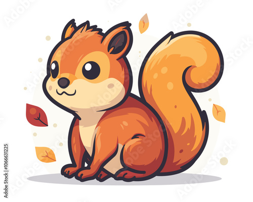 Cute cartoon squirrel is sitting on the ground with leaves around it