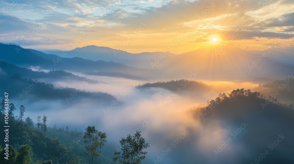Morning fog blankets the hills as the sun rises over the serene mountains in a picturesque landscape Morning fog blankets the hills as the sun rises over the serene mountains in a picturesque landscape