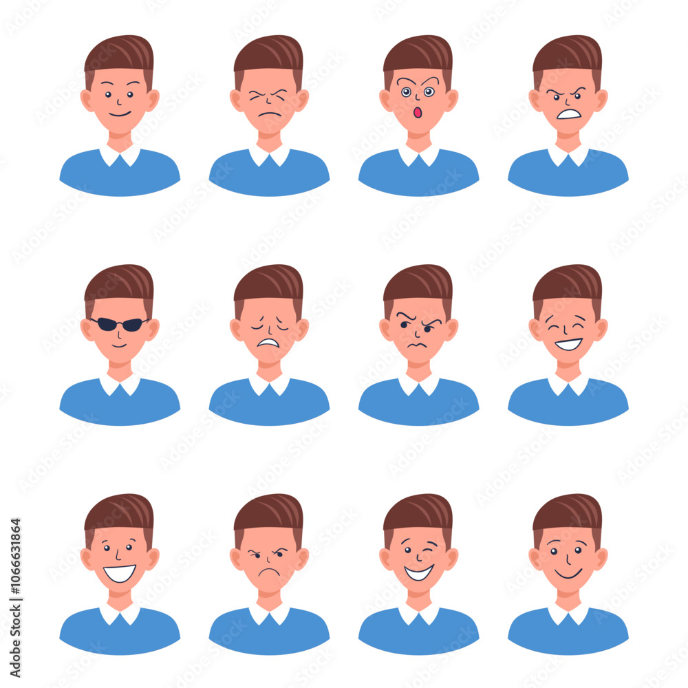 Portraits of man. Boy Avatar.  Male emotions.