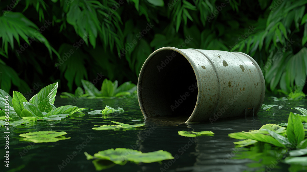 rusty barrel lies submerged in water, surrounded by lush green foliage, highlighting environmental concerns. scene evokes sense of neglect and pollution rusty barrel lies submerged in water, surrounded by lush green foliage, highlighting environmental concerns. scene evokes sense of neglect and pollution