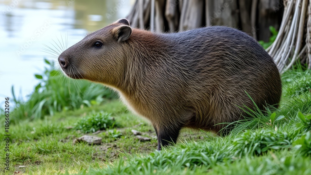 Capybara resting by a lakeside, surrounded by greenery and tree roots Capybara resting by a lakeside, surrounded by greenery and tree roots