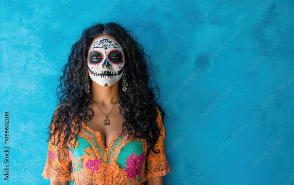 A high-quality image of a beautiful woman showcasing Mexican sugar skull face art makeup, captured in a studio against a vibrant blue background. A high-quality image of a beautiful woman showcasing Mexican sugar skull face art makeup, captured in a studio against a vibrant blue background.