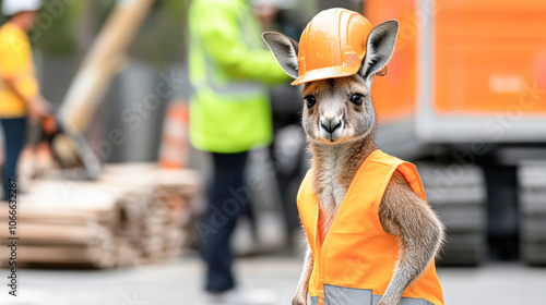 A construction worker in a yellow vest is standing next to a baby kangaroo in an