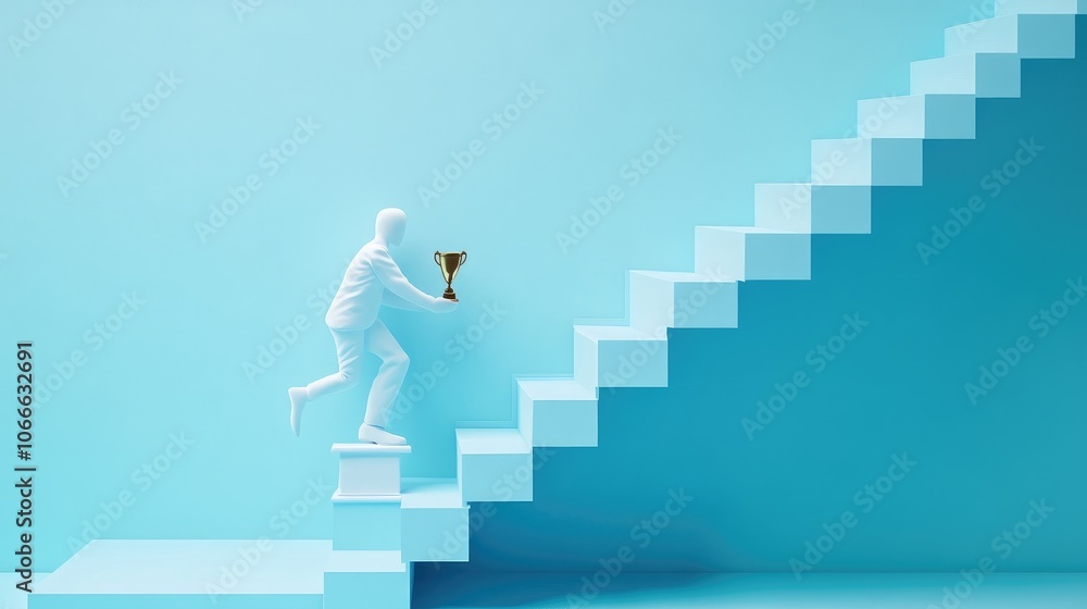 Paper human climbing a series of steps with a trophy above, illustrating the concept of success and personal growth Paper human climbing a series of steps with a trophy above, illustrating the concept of success and personal growth