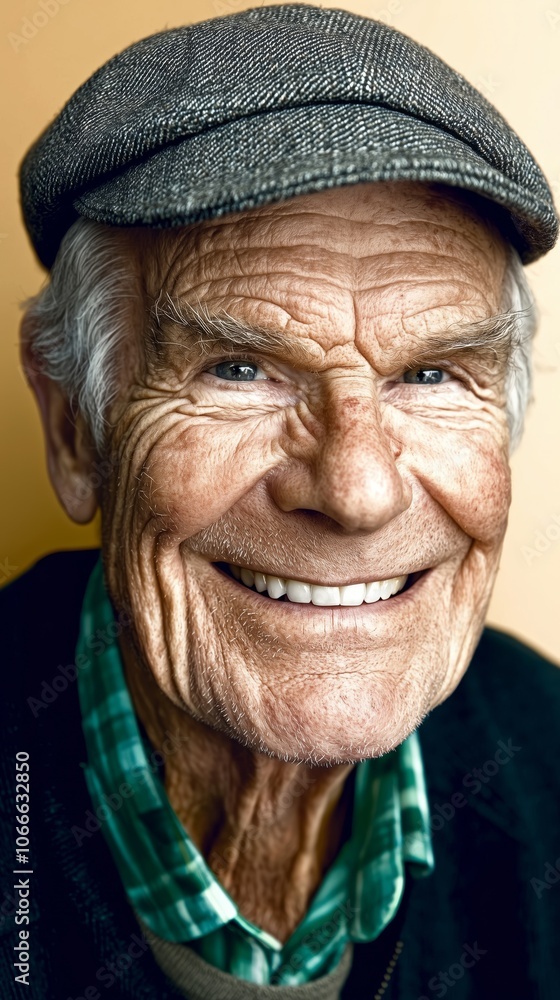 Close-up portrait of a smiling elderly man wearing a flat cap, showcasing a joyful and content expression. Close-up portrait of a smiling elderly man wearing a flat cap, showcasing a joyful and content expression.