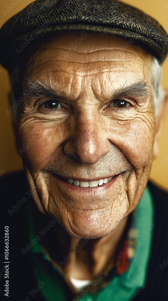 Close-up portrait of a smiling elderly man wearing a flat cap, showcasing a joyful and content expression. Close-up portrait of a smiling elderly man wearing a flat cap, showcasing a joyful and content expression.