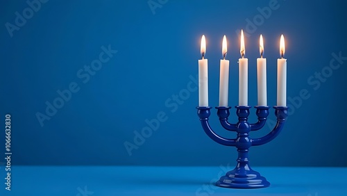 Blue candlestick with candles, blue background, Hanukkah 