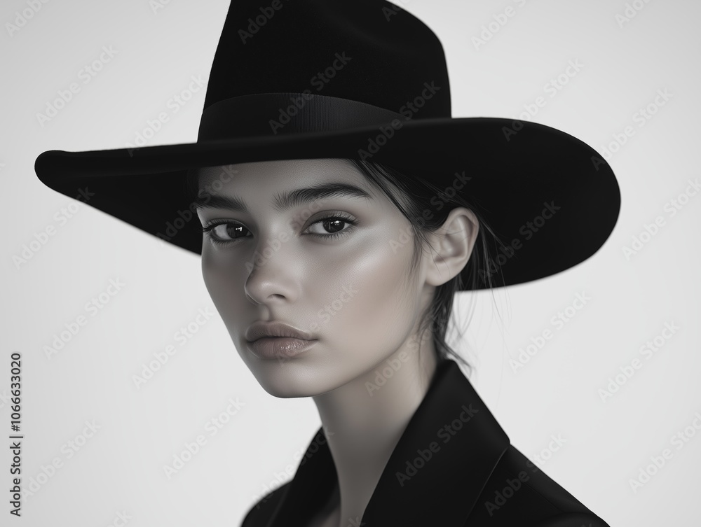 Striking portrait of a woman in a black cowboy hat, set against a minimalist background, showcasing elegance and subtle beauty. Striking portrait of a woman in a black cowboy hat, set against a minimalist background, showcasing elegance and subtle beauty.