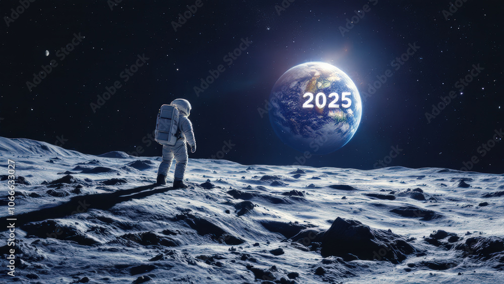 astronaut stands on moon, gazing at Earth with 2025 visible astronaut stands on moon, gazing at Earth with 2025 visible
