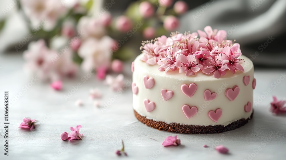 A small cake decorated with hearts and pink flowers in a Valentine's theme sits on a clean white table. A small cake decorated with hearts and pink flowers in a Valentine's theme sits on a clean white table.