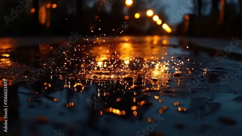 Street lights shimmering in vibrant reflections on glistening rain-soaked pavement at night.