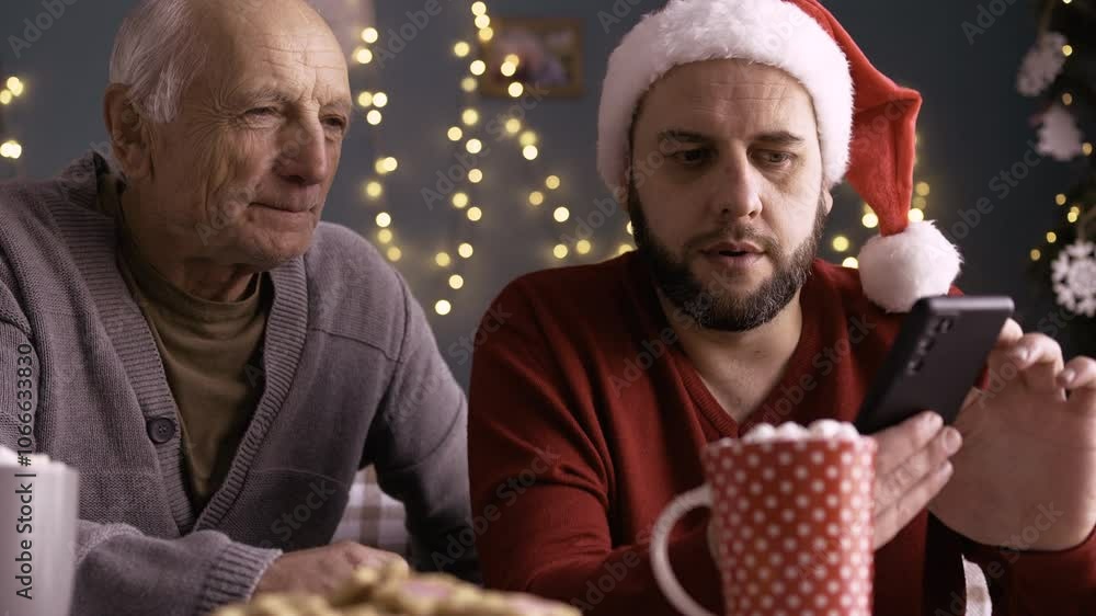 Son Teaches Father How to Use Smartphone Sitting on Couch Christmas Morning at Home in Living Room. Son Teaches Father How to Use Smartphone Sitting on Couch Christmas Morning at Home in Living Room.