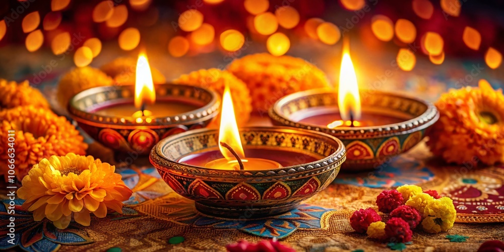 Elegant Closeup of Three Intricately Designed Oil Lamps Glowing Softly for Diwali Invitations, Decorations, and Festive Mood Settings Elegant Closeup of Three Intricately Designed Oil Lamps Glowing Softly for Diwali Invitations, Decorations, and Festive Mood Settings