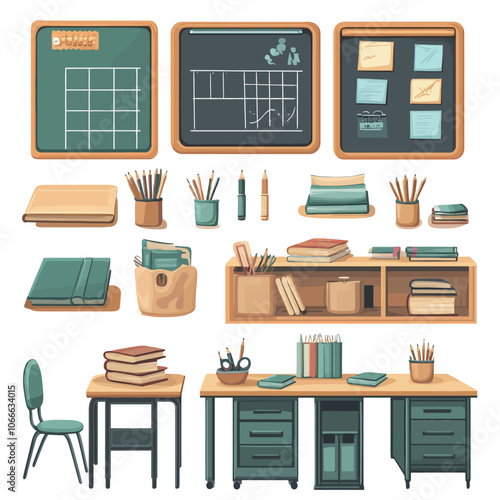 School classroom interior with desk, chair, books, stationery and chalkboard vector illustration 