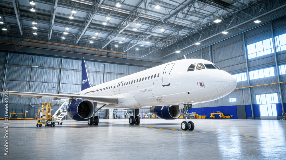 A white airplane is parked in a hangar A white airplane is parked in a hangar