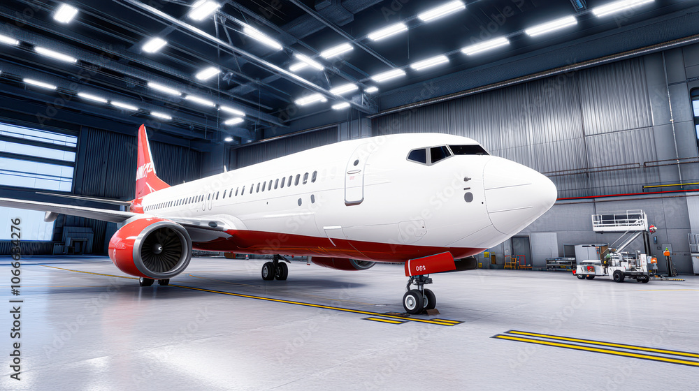 A white and red airplane is parked in a hangar A white and red airplane is parked in a hangar