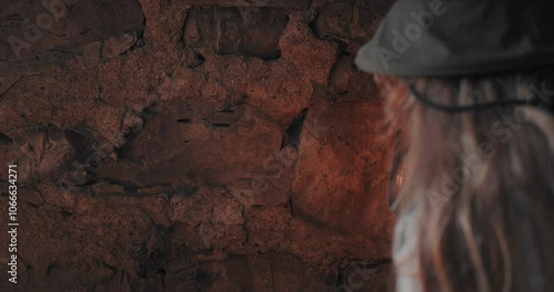 A woman in the style of the middle of the last century with a kerosene lamp in her hand examines the walls of the fortress. Live camera effect