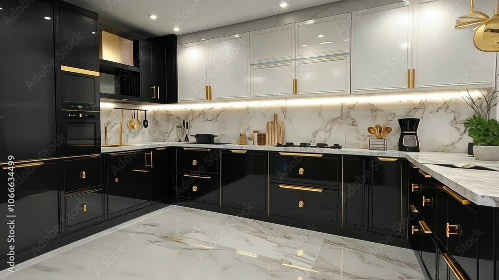 A modern kitchen with black cabinets and gold accents, featuring marble ...