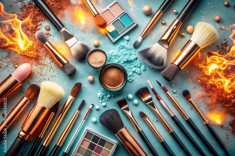 Elegant Flat Lay of Makeup Brushes and Cosmetics on Pastel Blue Background for Product Photography Elegant Flat Lay of Makeup Brushes and Cosmetics on Pastel Blue Background for Product Photography