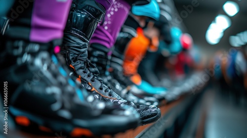 A vivid array of racing boots comes to attention as a group of racers meticulously lines up, emphasizing coordination, color variance, and sporting passion in their footwear. photo