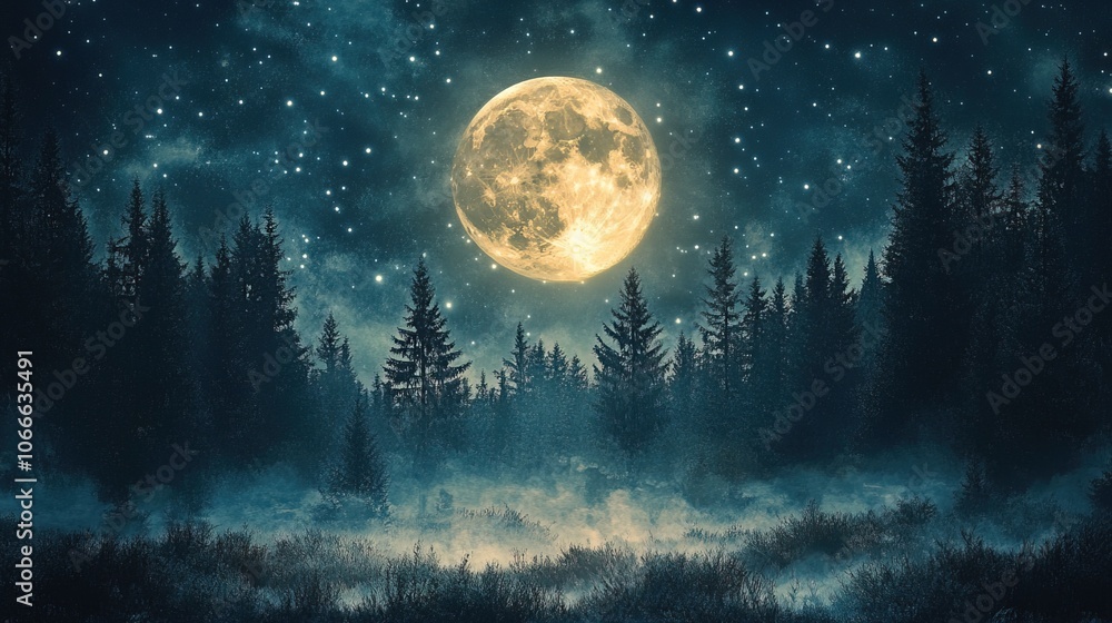 Nighttime landscape with a full moon illuminating the forest Nighttime landscape with a full moon illuminating the forest