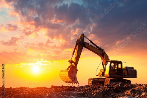 Wallpaper Mural Construction Land. Hydraulic Excavator Shoveling at Construction Site during Sunset Torontodigital.ca