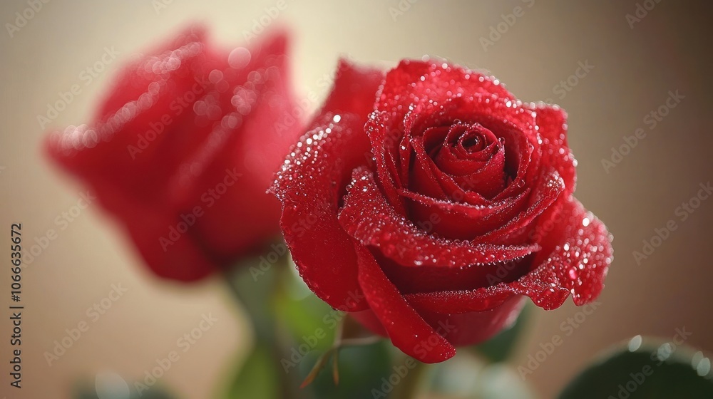 Red roses with tiny dewdrops on their petals in soft natural light Red roses with tiny dewdrops on their petals in soft natural light
