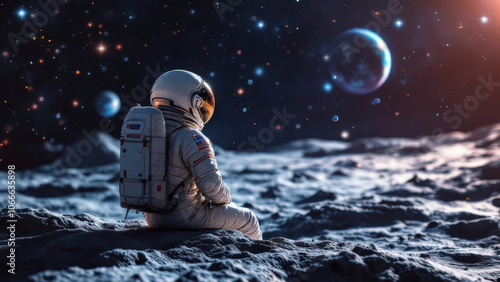 astronaut sitting on moon, gazing at distant planets and stars