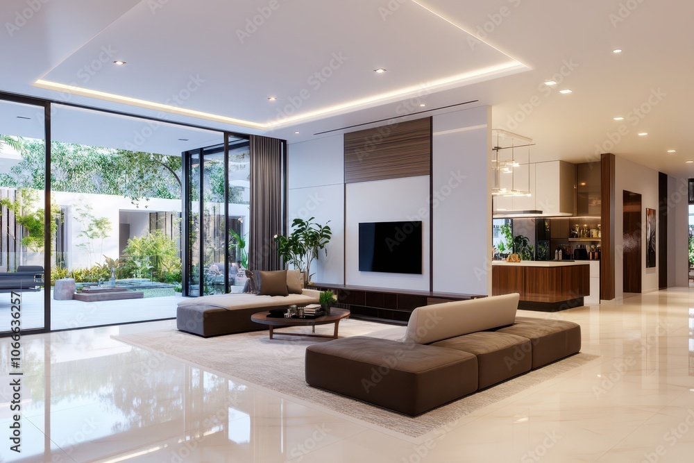 Spacious open living area in a contemporary apartment with stylish decor and natural light. Spacious open living area in a contemporary apartment with stylish decor and natural light.