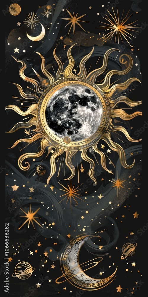 Decorative Sun. Gold and Silver Moon with Stars on Dark Background Decorative Sun. Gold and Silver Moon with Stars on Dark Background