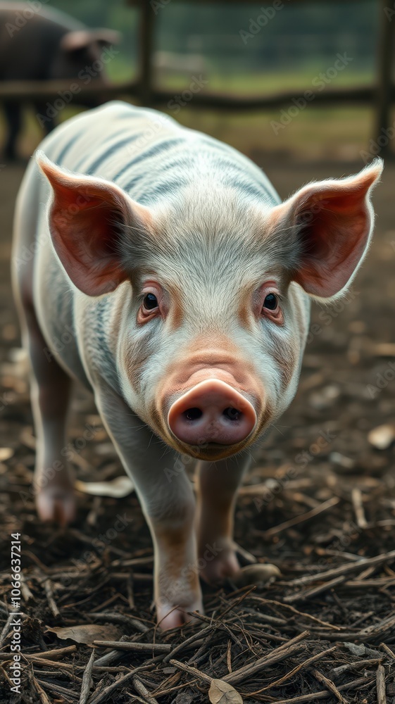 A pig stands on a muddy farm looking up at the camera A pig stands on a muddy farm looking up at the camera